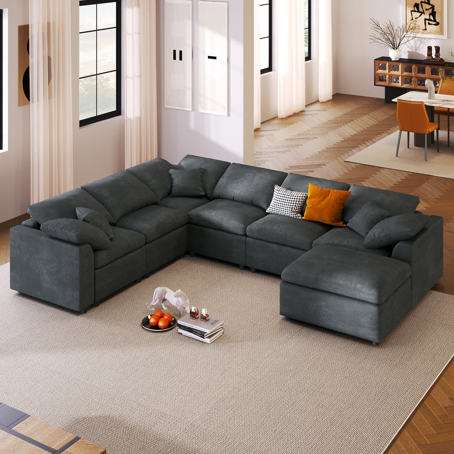 U_Style 120.8in Extra Large Modular Sectional Sofa in dark gray fabric with modular pieces on Tampa Home & Garden Store