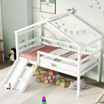 Low Loft House Bed With Slide and Guardrails