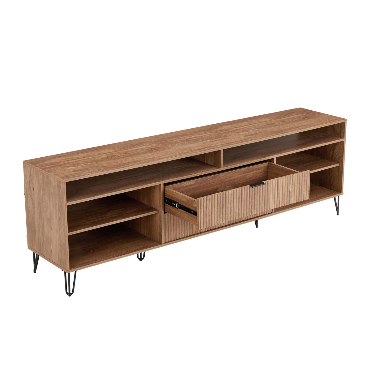 Fluted TV stand with storage in oak finish and black metal legs by HouseOfZazla on Tampa Home & Garden Store