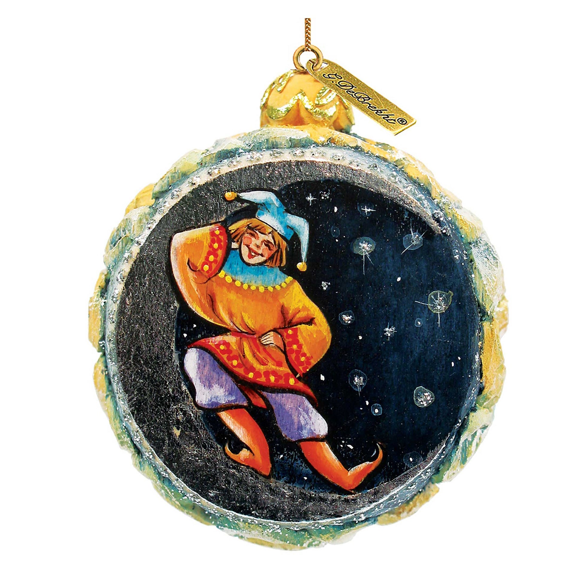 G. DeBrekht Nativity ornament, hand-painted Winter Forest round plaque with gold top loop on Tampa Home & Garden Store