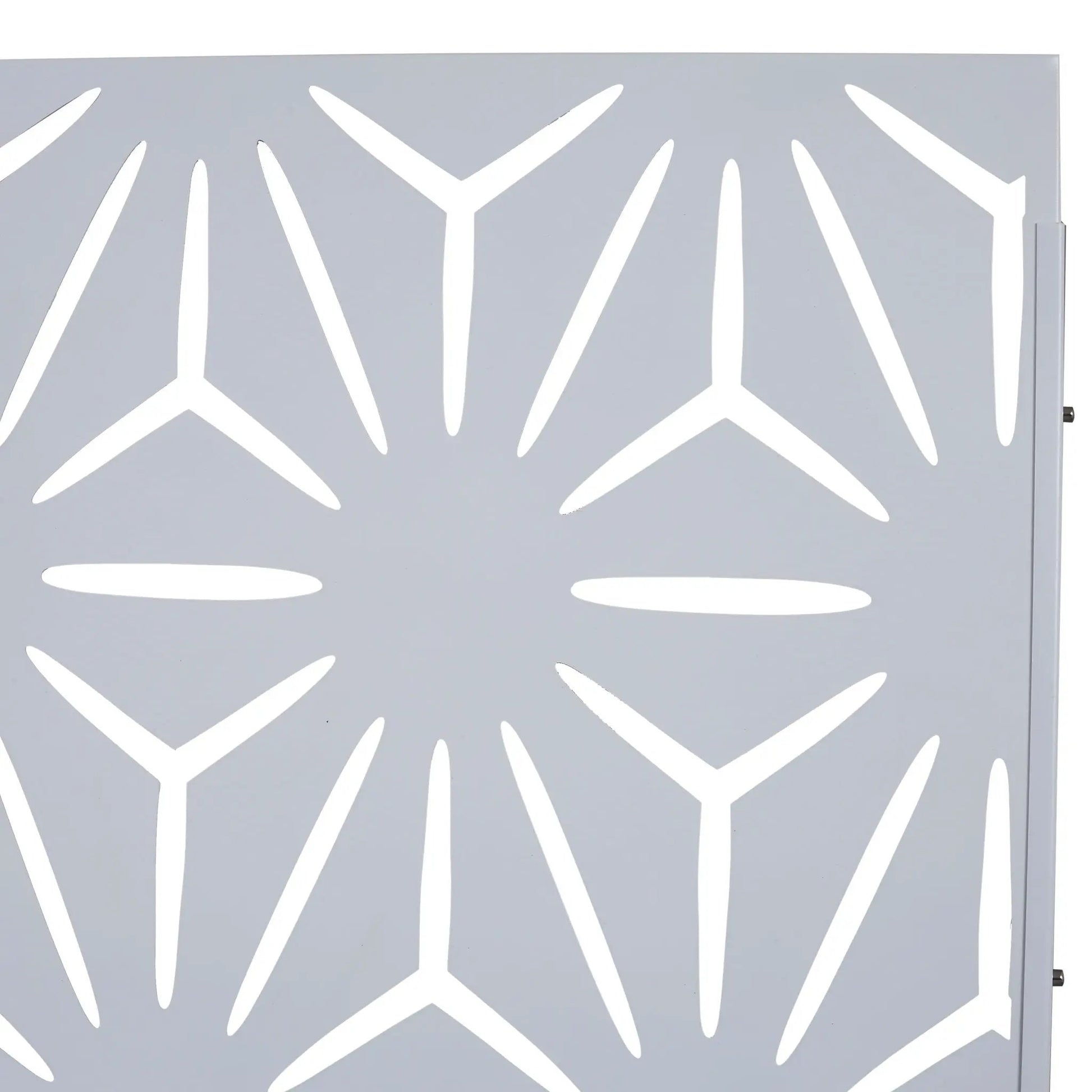 Outdoor metal privacy screen room divider with freestanding gray panel and white cutouts on Tampa Home & Garden Store