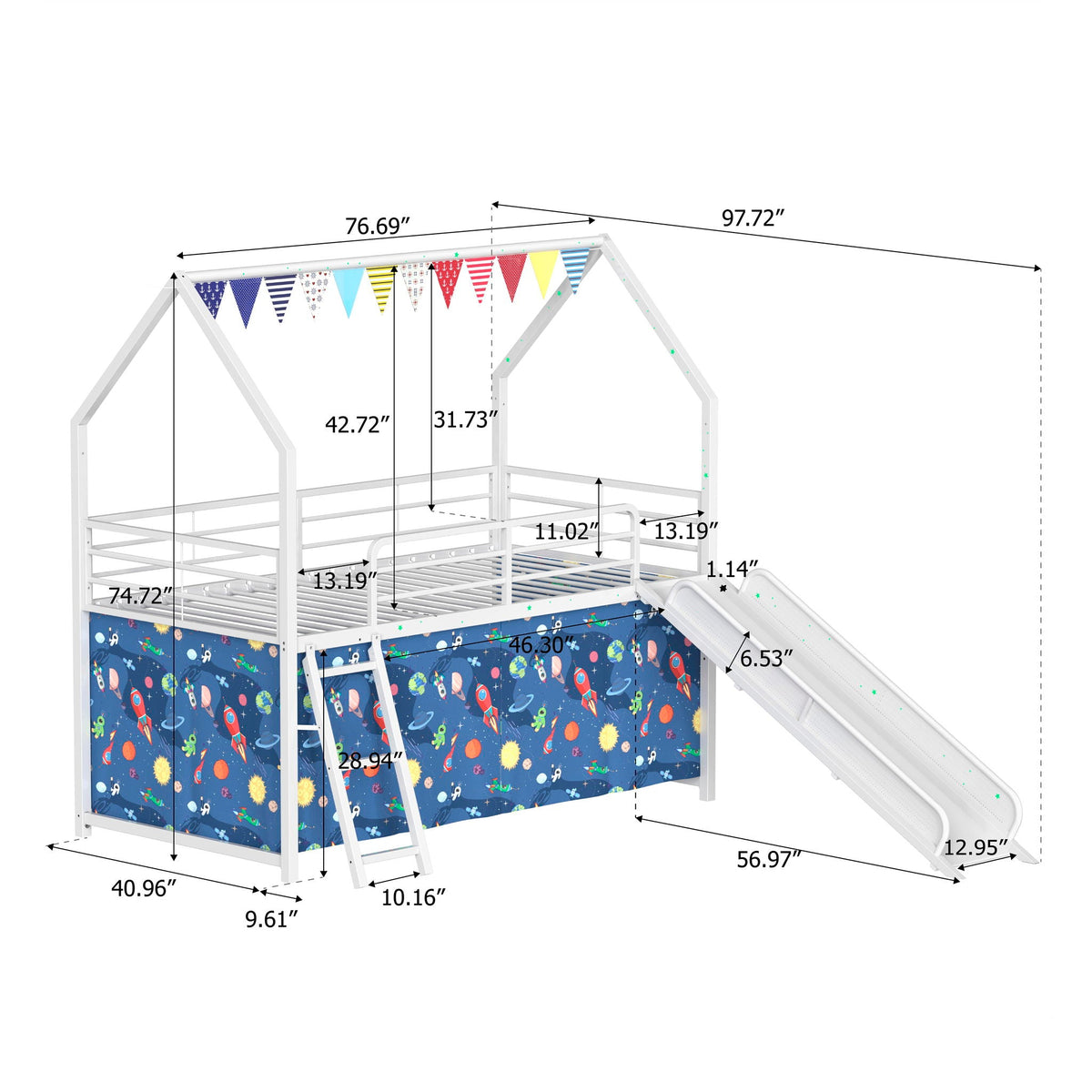 Jack loft bed with slide and curtain set by HouseOfZazla, white metal frame with panels on Tampa Home & Garden Store