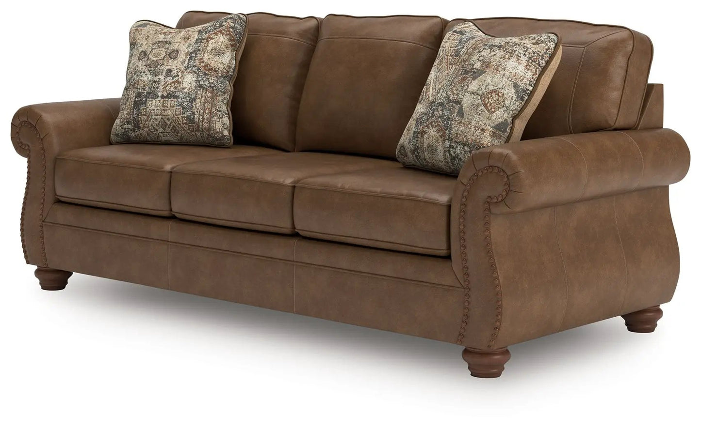 Chasemore sofa brown leather stationary with rolled arms and nailhead trim, 3 back cushions on Tampa Home & Garden Store