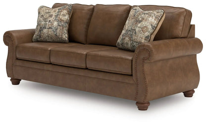 Chasemore sofa brown leather stationary with rolled arms and nailhead trim, 3 back cushions on Tampa Home & Garden Store