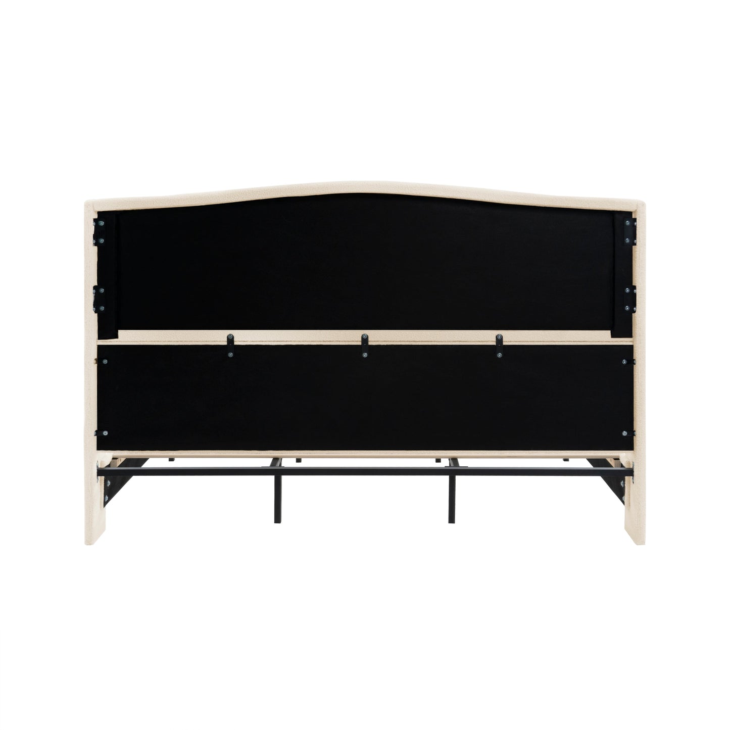 King size bed frame with beige teddy velvet headboard and black paneling, metal hardware on Tampa Home & Garden Store