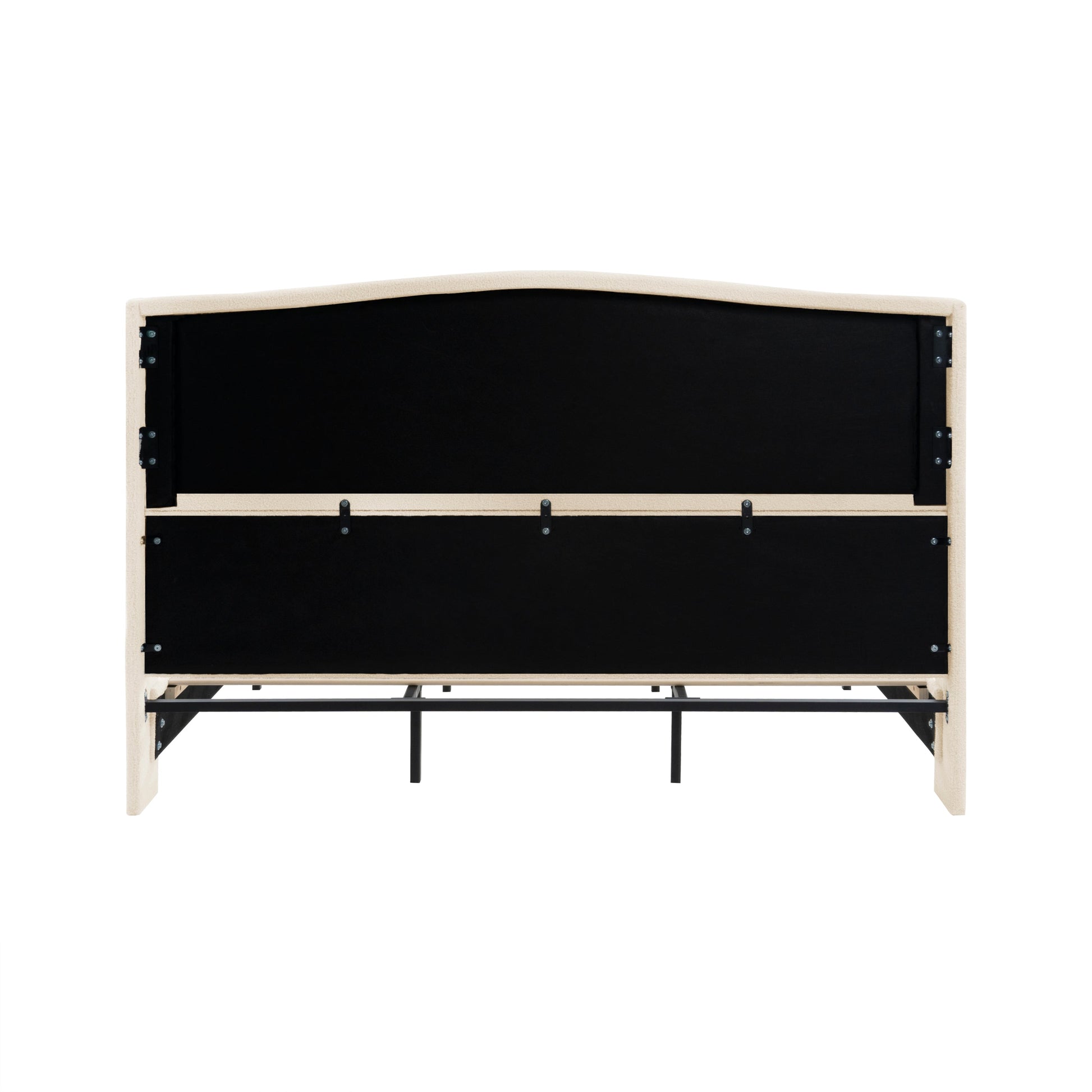 King size bed frame with beige teddy velvet headboard and black paneling, metal hardware on Tampa Home & Garden Store