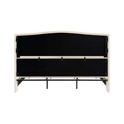 King size bed frame with beige teddy velvet headboard and black paneling, metal hardware on Tampa Home & Garden Store