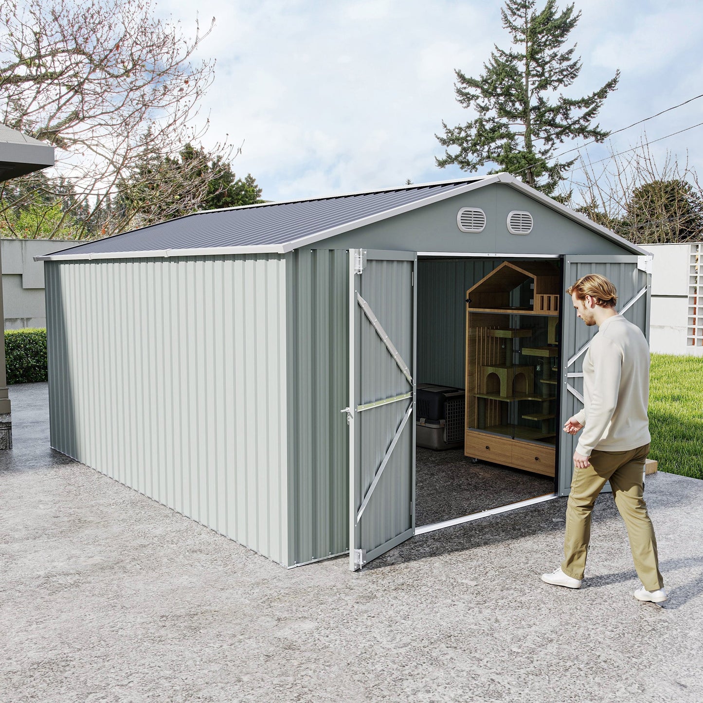 10x12 ft outdoor metal storage shed in gray with open double doors and wooden shelves inside on Tampa Home & Garden Store