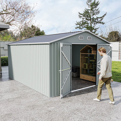 10x12 ft outdoor metal storage shed in gray with open double doors and wooden shelves inside on Tampa Home & Garden Store
