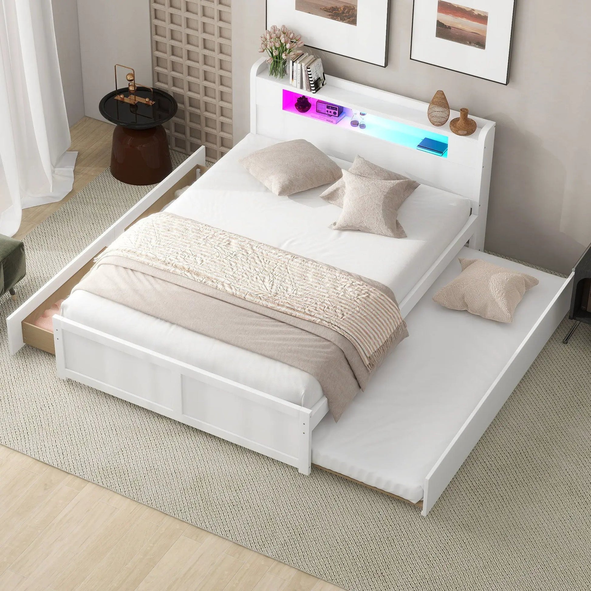 White storage platform bed with LED lighting, dual drawers and trundle on Tampa Home & Garden Store