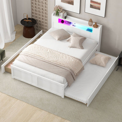White storage platform bed by HouseOfZazla with LED-lit headboard shelf and two-drawer storage on Tampa Home & Garden Store
