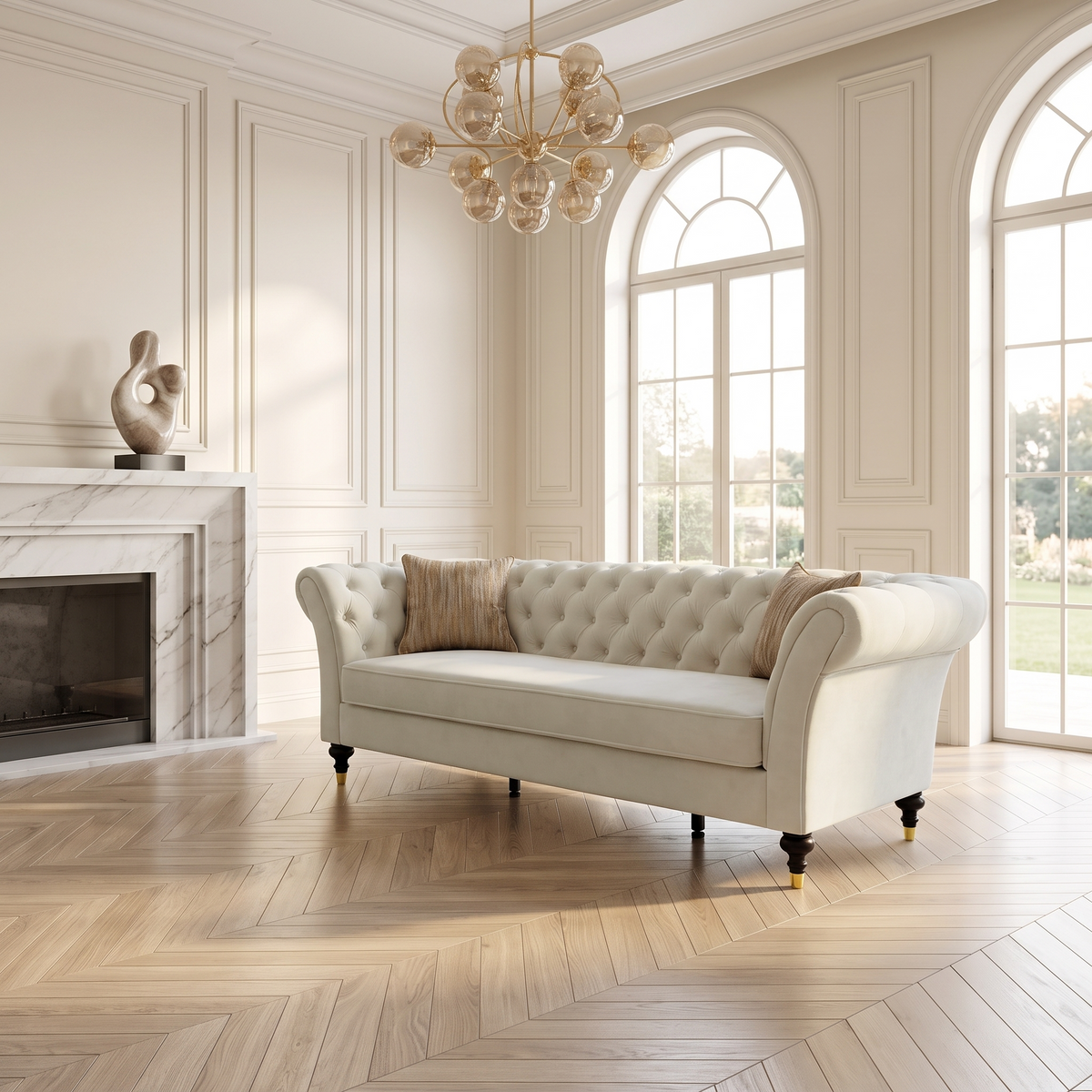 88.5-inch Chesterfield Sofa by HouseOfZazla, cream tufted upholstery in a bright living room on Tampa Home & Garden Store