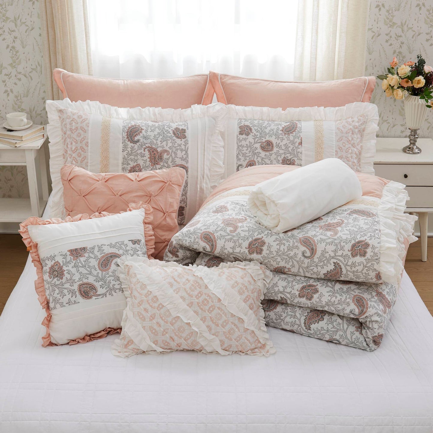9 Piece Cotton Percale Comforter Set Blush by HouseOfZazla with floral pattern on Tampa Home & Garden Store