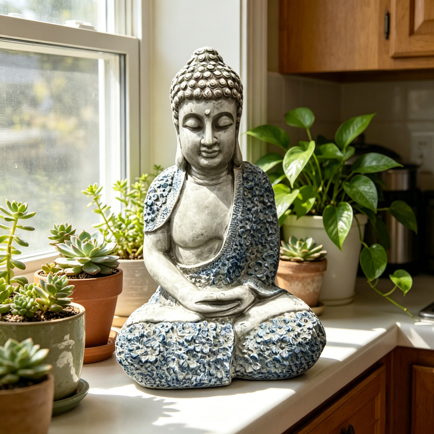 16'' Weatherproof Resin Buddha Garden Statue by HouseOfZazla gray stone finish on Tampa Home & Garden Store