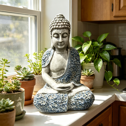 16'' Weatherproof Resin Buddha Garden Statue by HouseOfZazla gray stone finish on Tampa Home & Garden Store
