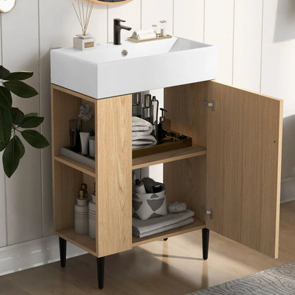 Bathroom vanity with white ceramic sink on light wood, black faucet Unique Piece Furniture on Tampa Home & Garden Store