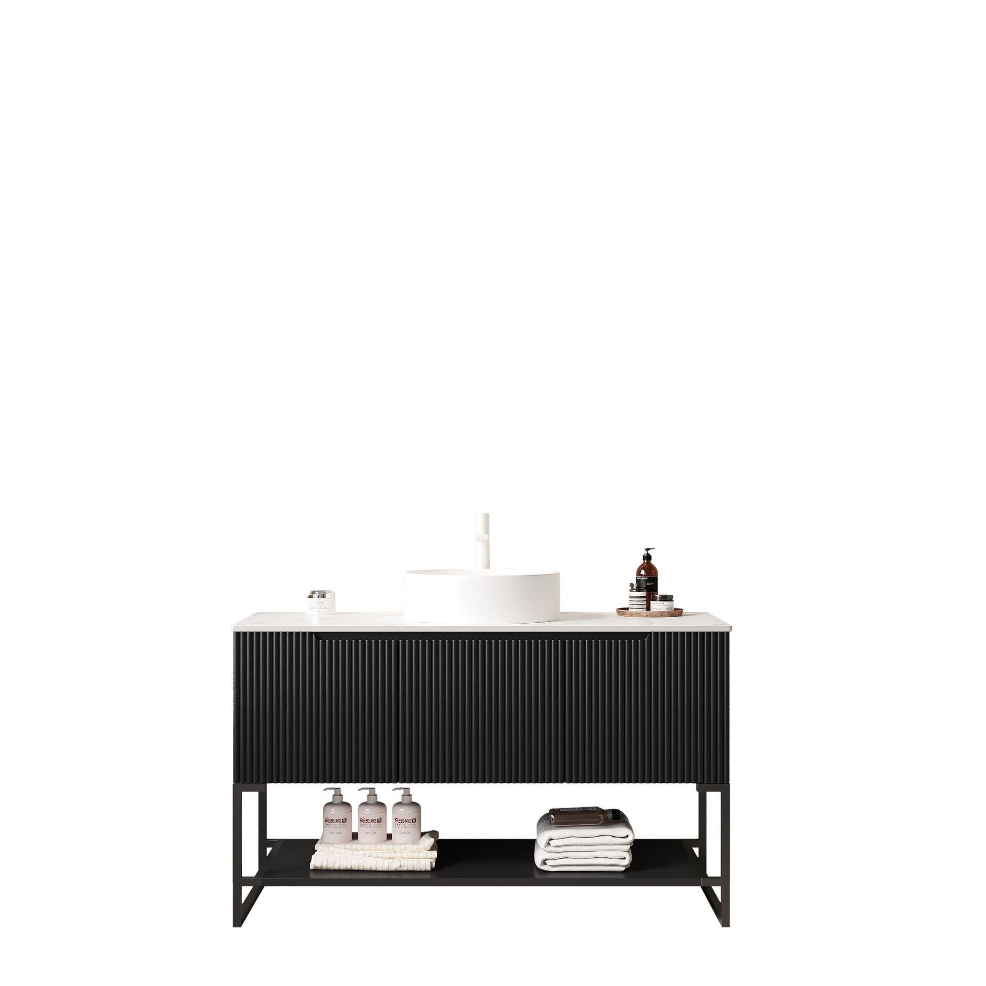 Tulio 48in vanity with sink and storage cabinet by HouseOfZazla, white top, black ribbed base on Tampa Home & Garden Store