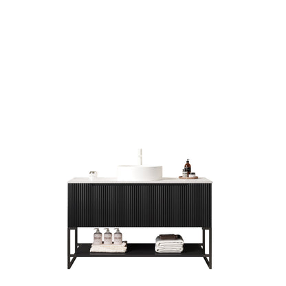 Tulio 48in vanity with sink and storage cabinet by HouseOfZazla, white top, black ribbed base on Tampa Home & Garden Store