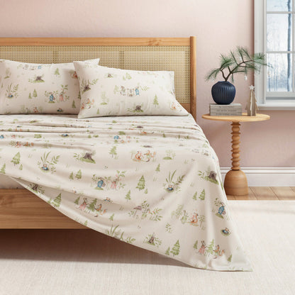 Turkish Cotton Flannel Sheet Set Kids' Christmas Collection cream with woodland print on Tampa Home & Garden Store