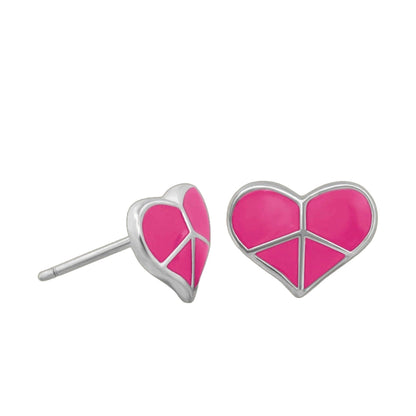Peace Sign Heart Enamel Studs pair, pink enamel hearts with silver-tone borders on Tampa Home & Garden Store