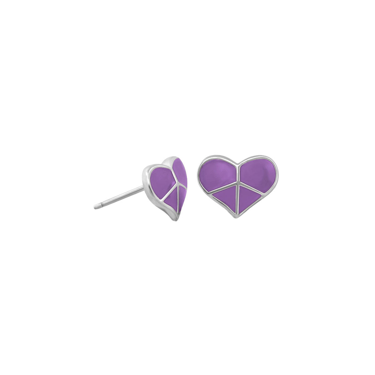 Peace Sign Heart Enamel Studs earrings, purple enamel with silver-tone trim, pair on Tampa Home & Garden Store