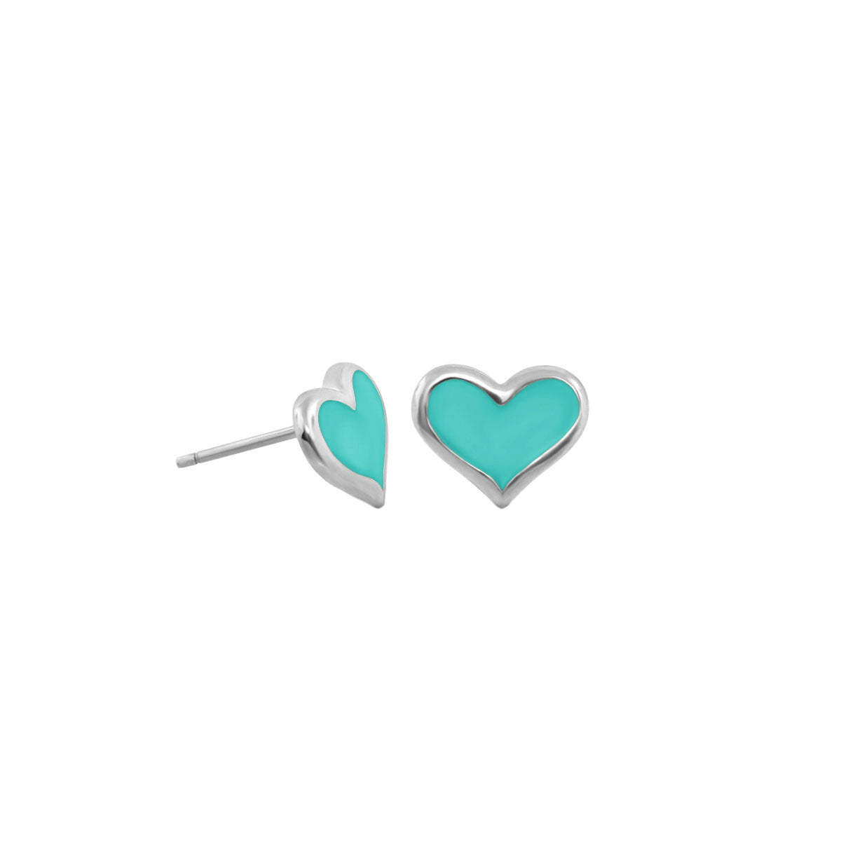 Heart enamel stud earrings in turquoise with a silver-tone setting for girls on Tampa Home & Garden Store