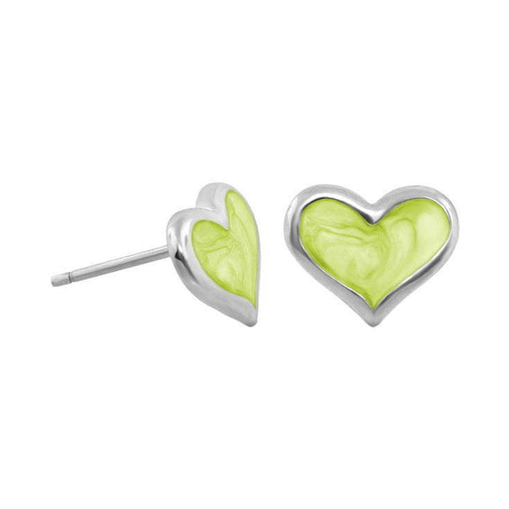 Heart enamel stud earrings pair in lime-green with silver borders, Lauren G Adams on Tampa Home & Garden Store