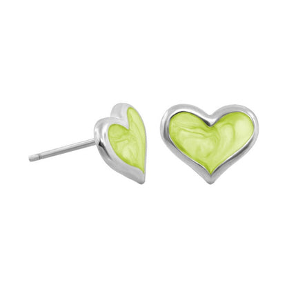 Heart enamel stud earrings pair in lime-green with silver borders, Lauren G Adams on Tampa Home & Garden Store