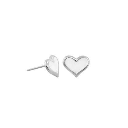 Heart enamel stud earrings pair in silver-tone metal with white enamel for Girl's Collection on Tampa Home & Garden Store