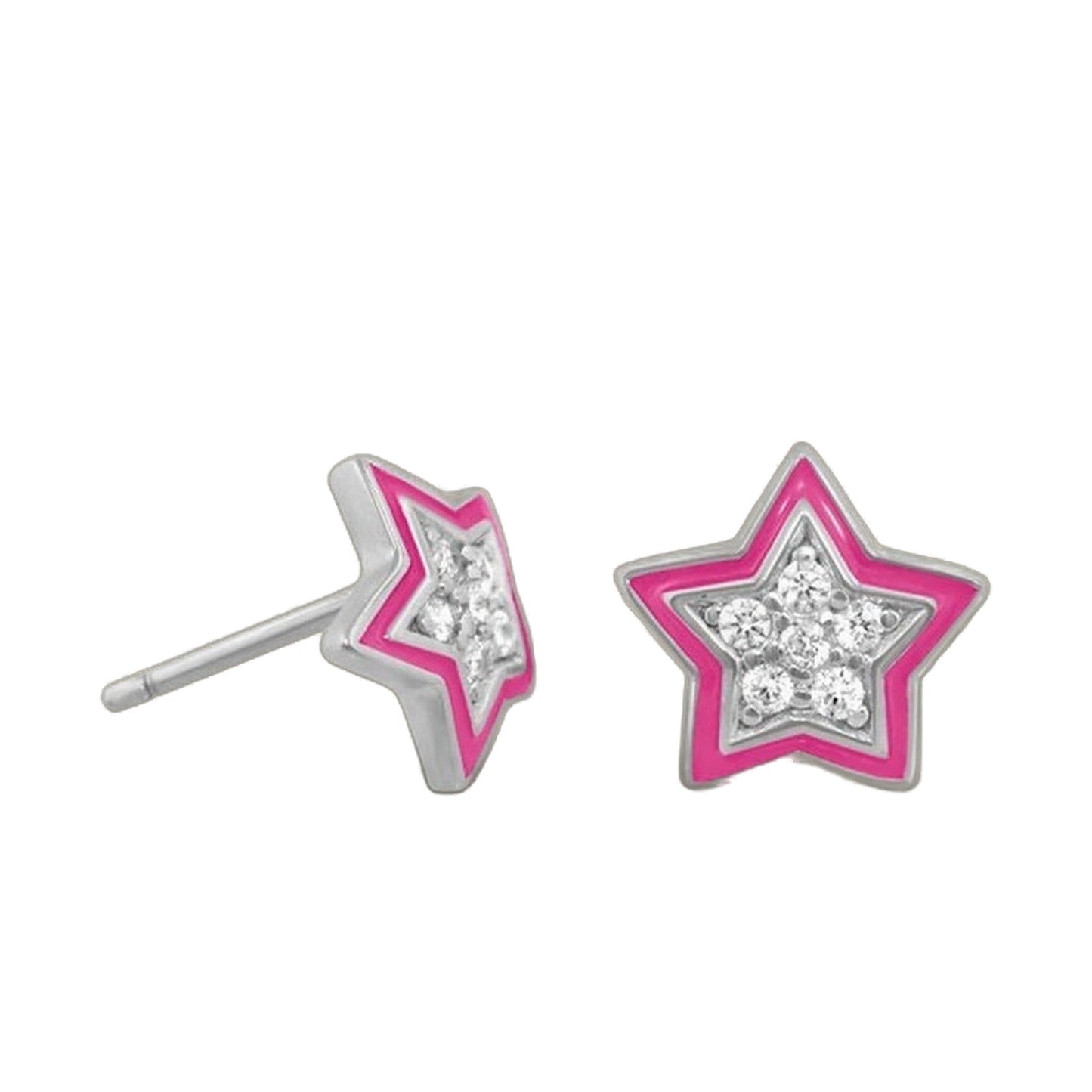 Pair of pink-outlined pave star earrings with clear crystals for girls on Tampa Home & Garden Store