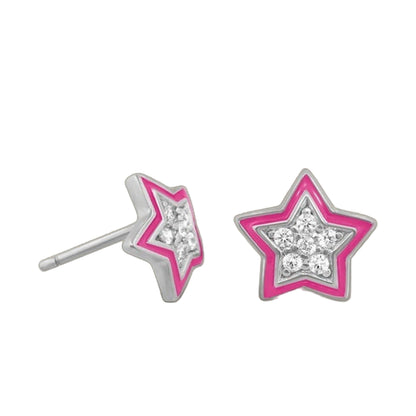 Pair of pink-outlined pave star earrings with clear crystals for girls on Tampa Home & Garden Store