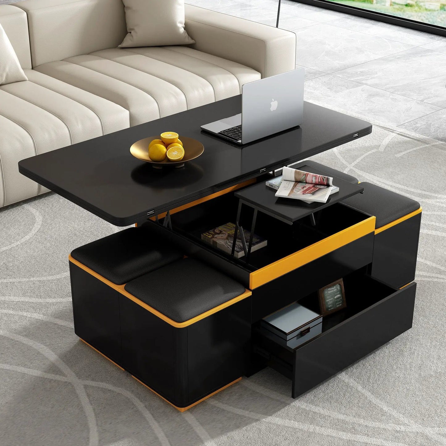 Lift Top Coffee Table with Storage Stools