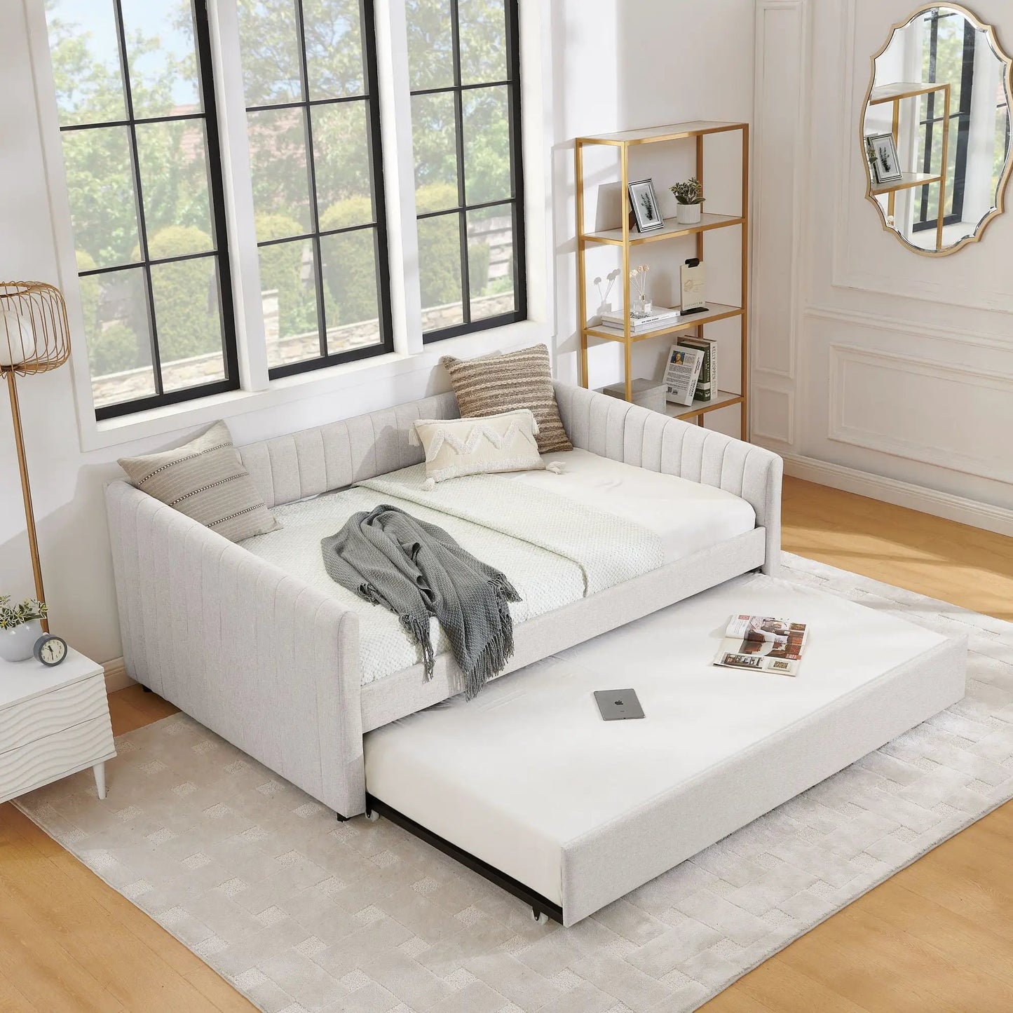 Upholstered daybed with trundle in gray fabric with vertical stripes by Unique Piece on Tampa Home & Garden Store