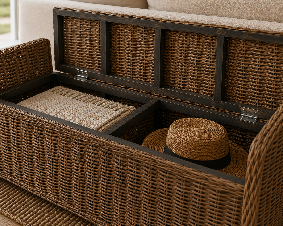 Key Largo Rattan Storage Bench with dark frame and wicker panels; dual storage compartments on Tampa Home & Garden Store