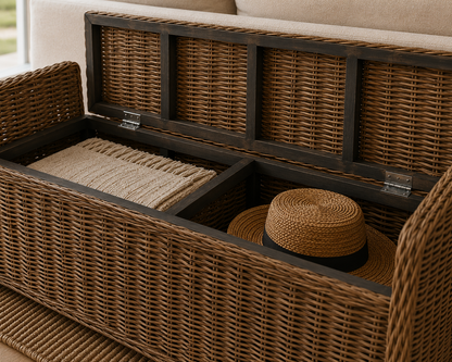 Key Largo Rattan Storage Bench with dark frame and wicker panels; dual storage compartments on Tampa Home & Garden Store