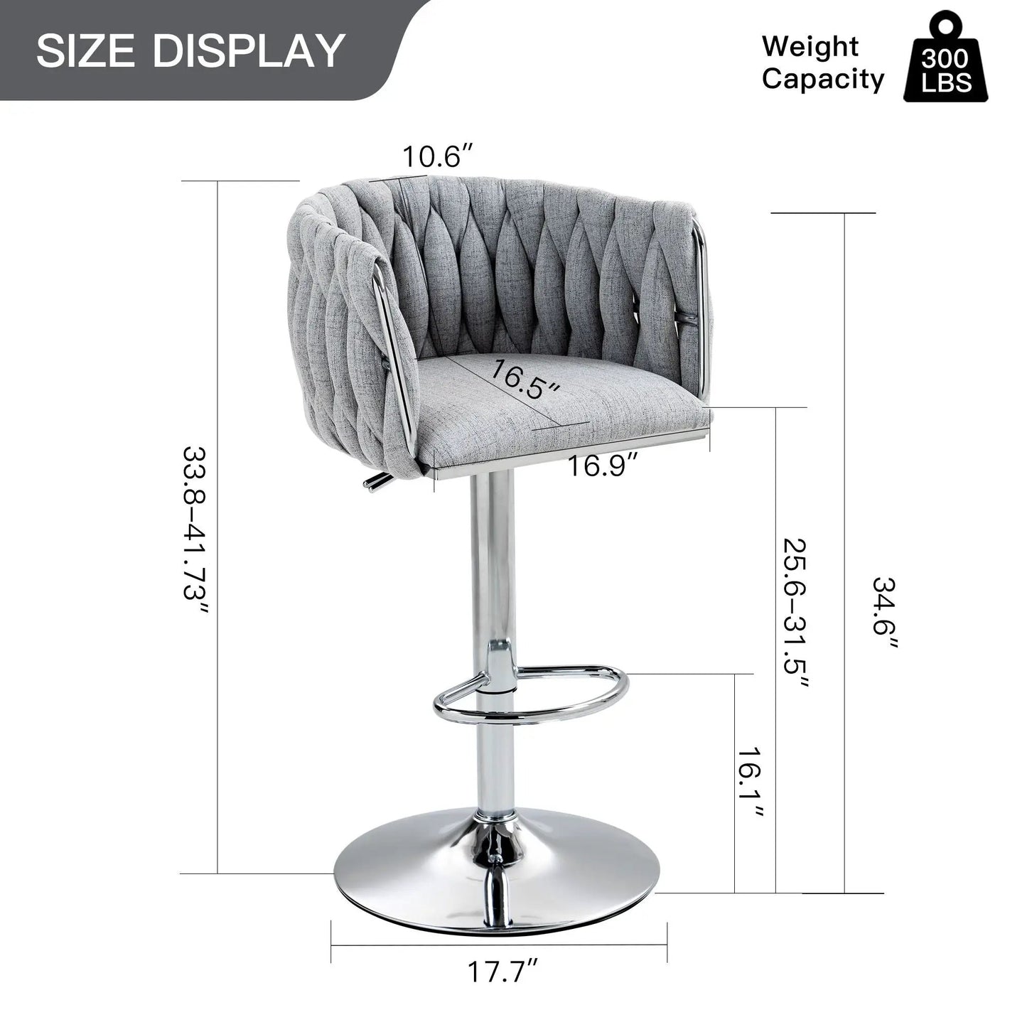 Gray 360° swivel bar stool, woven back and footrest, chrome base, adjustable height (2 pcs) on Tampa Home & Garden Store