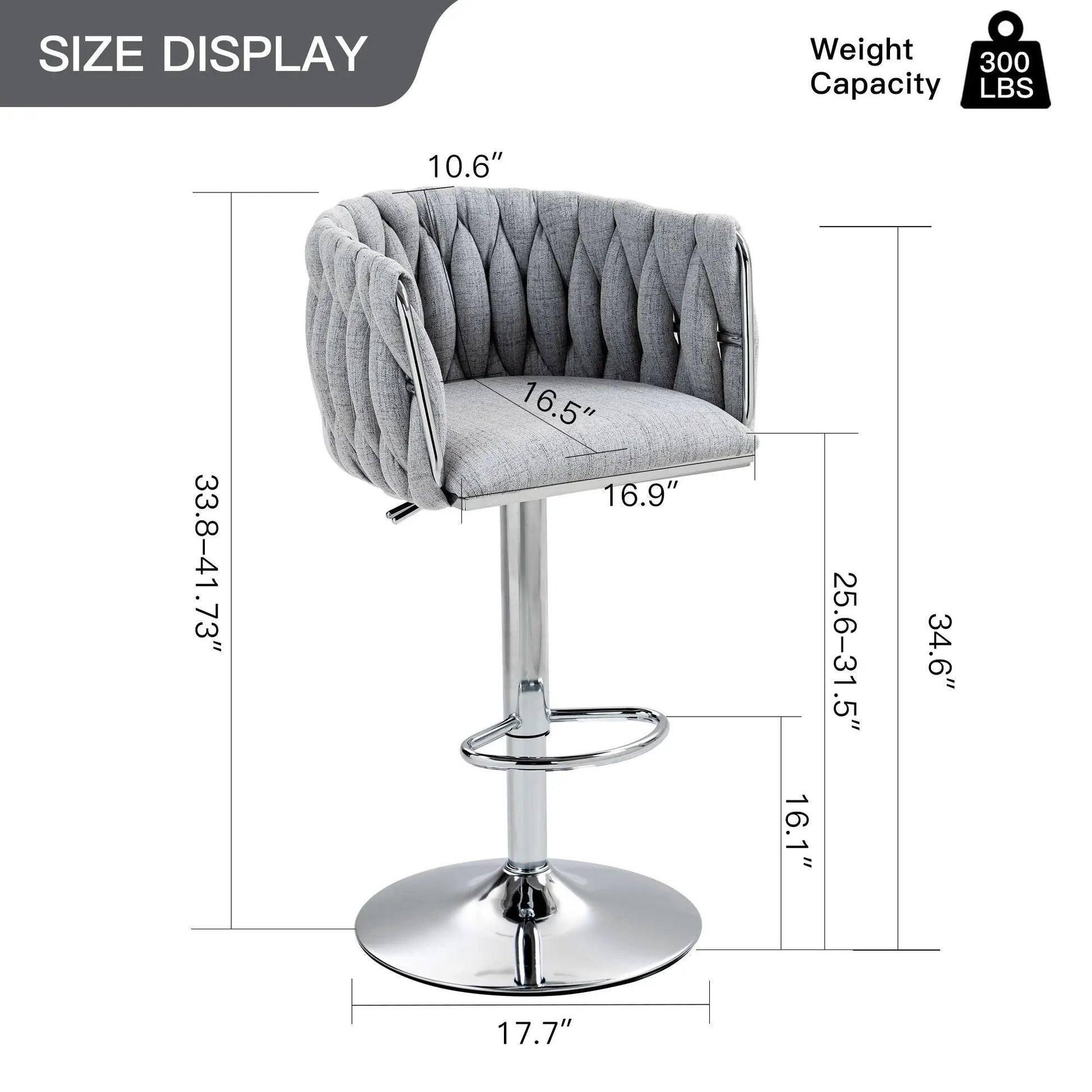 Gray 360° swivel bar stool, woven back and footrest, chrome base, adjustable height (2 pcs) on Tampa Home & Garden Store