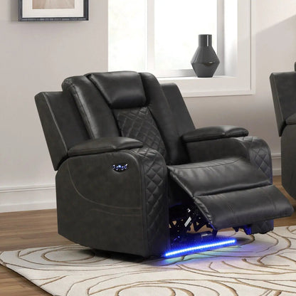 Benz LED power recliner in black leather, quilted cushions, blue LED base on Tampa Home & Garden Store