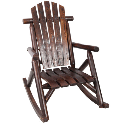 Durable wooden porch rocker fir log chair in dark brown stain with slatted back on Tampa Home & Garden Store