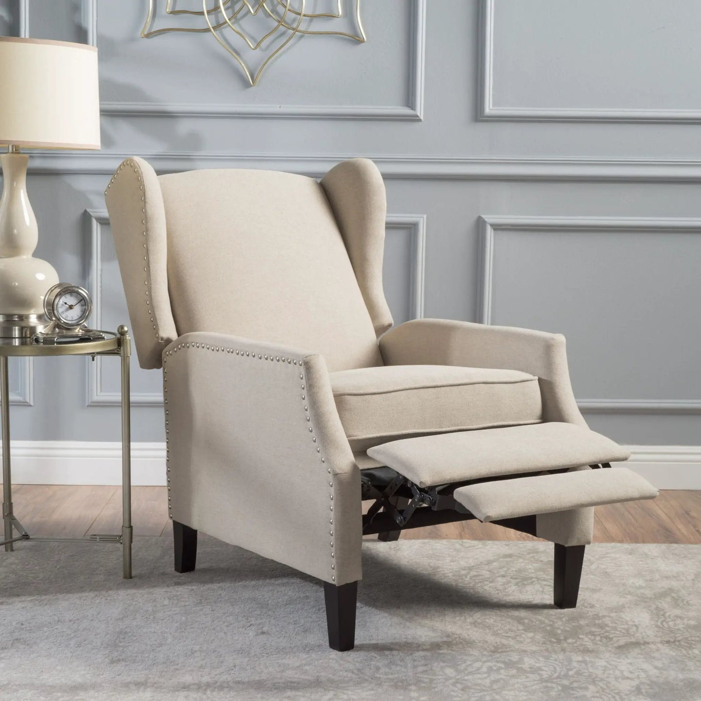 Westeros Wing Back Fabric Upholstered Recliner beige with nailhead trim on Tampa Home & Garden Store