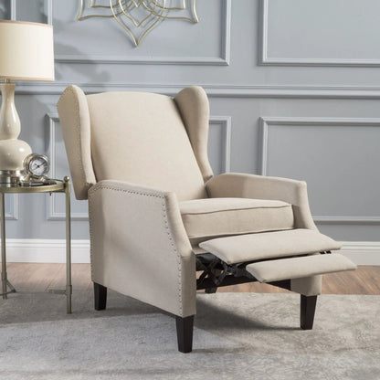 Westeros Wing Back Fabric Upholstered Recliner beige with nailhead trim on Tampa Home & Garden Store
