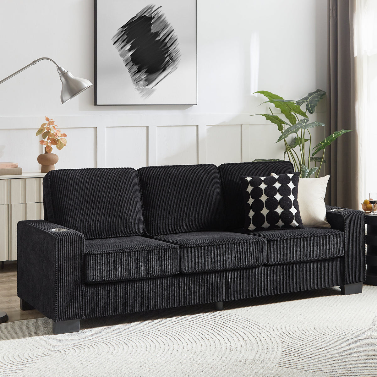 Modern Corduroy 3-Seater Sofa, black textured upholstery by HouseOfZazla on Tampa Home & Garden Store