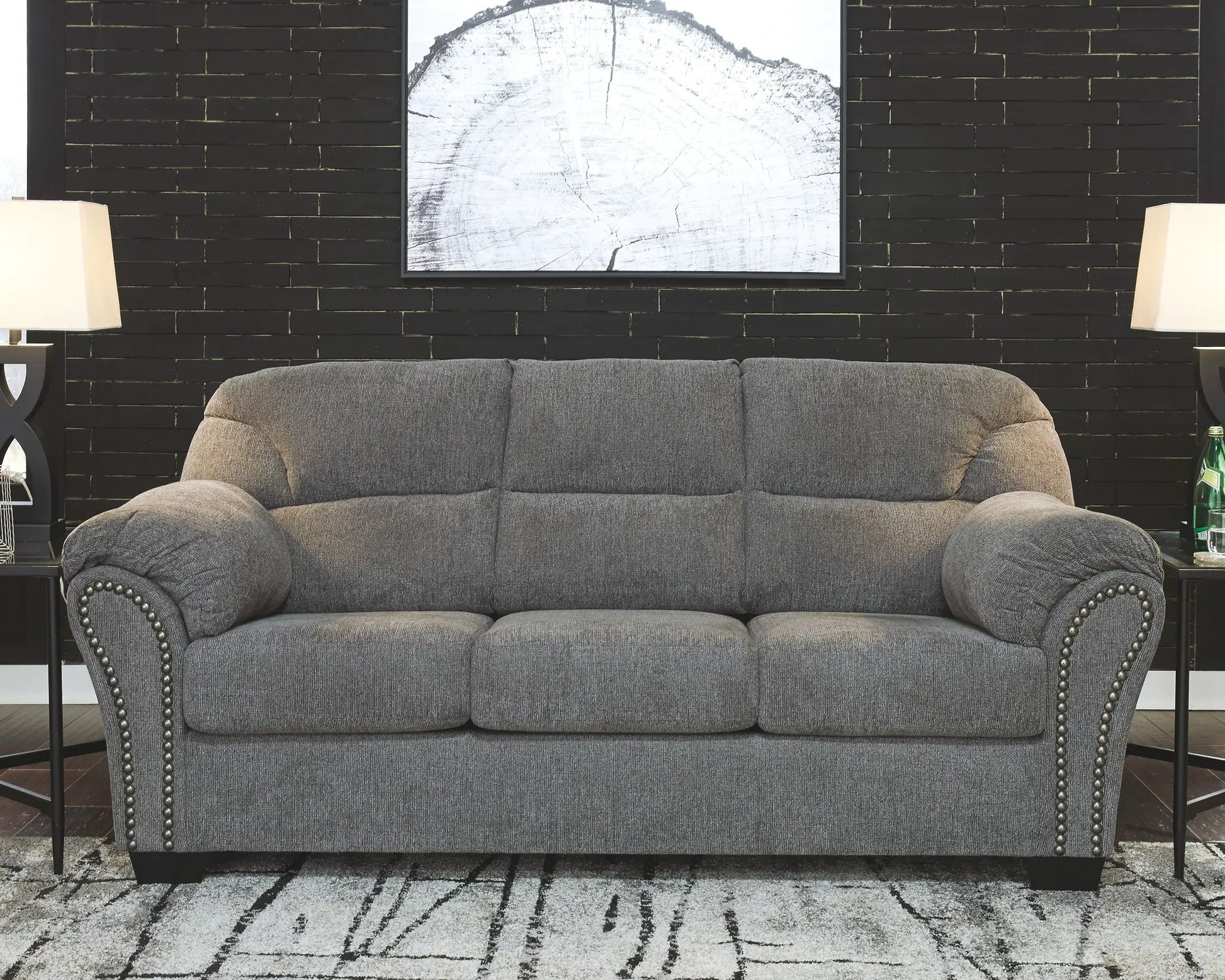 Allmaxx - Sofa - Pewter, stationary sofa in gray fabric with rolled arms and nailhead trim on Tampa Home & Garden Store