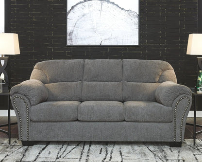 Allmaxx - Sofa - Pewter, stationary sofa in gray fabric with rolled arms and nailhead trim on Tampa Home & Garden Store