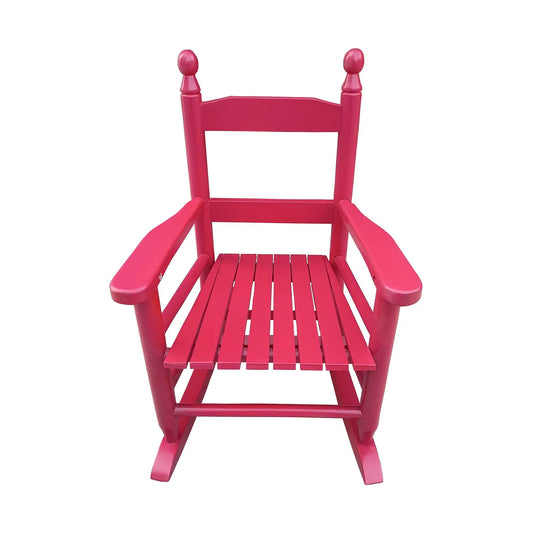 Pink wooden kid's rocking chair with slatted seat and rounded finials for indoor outdoor use on Tampa Home & Garden Store