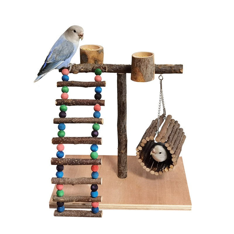 Solid wood parrot station with colorful bead ladder and hanging log-cabin toy; two parrots on Tampa Home & Garden Store