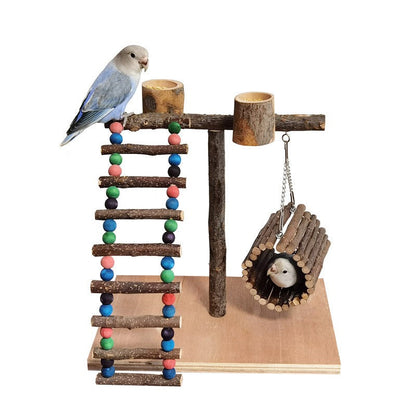 Solid wood parrot station with colorful bead ladder and hanging log-cabin toy; two parrots on Tampa Home & Garden Store
