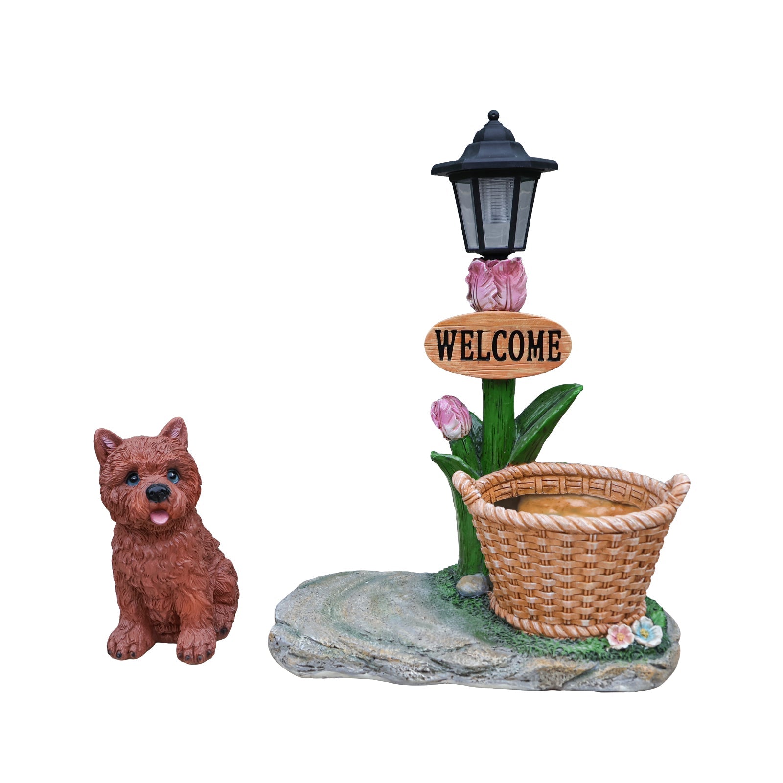 Sitting Puppy Solar Planter by HouseOfZazla, black lantern atop pink stems, wicker basket on Tampa Home & Garden Store
