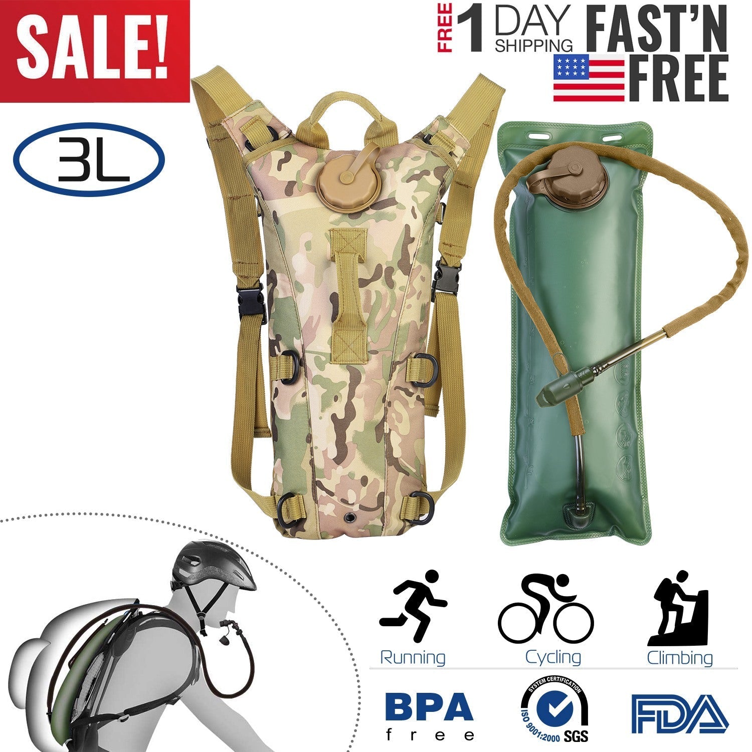 Lightweight camouflage hydration backpack with 3L bladder; two-item set green reservoir on Tampa Home & Garden Store