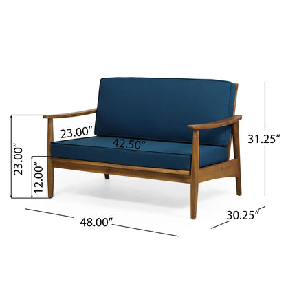 Outdoor Acacia Wood Loveseat Set with Coffee Table, 2-piece set, blue cushions, HouseOfZazla on Tampa Home & Garden Store